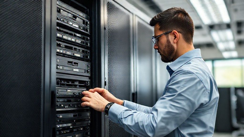 کارشناس IT در حال تنظیم سرور اچ پی در محیط اداری