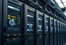 دیتاسنتر با چند سرور HP ProLiant روشن درون رک
