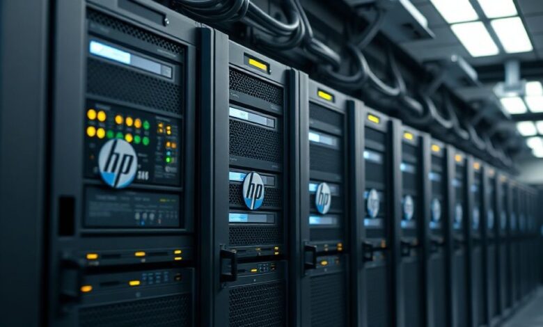دیتاسنتر با چند سرور HP ProLiant روشن درون رک