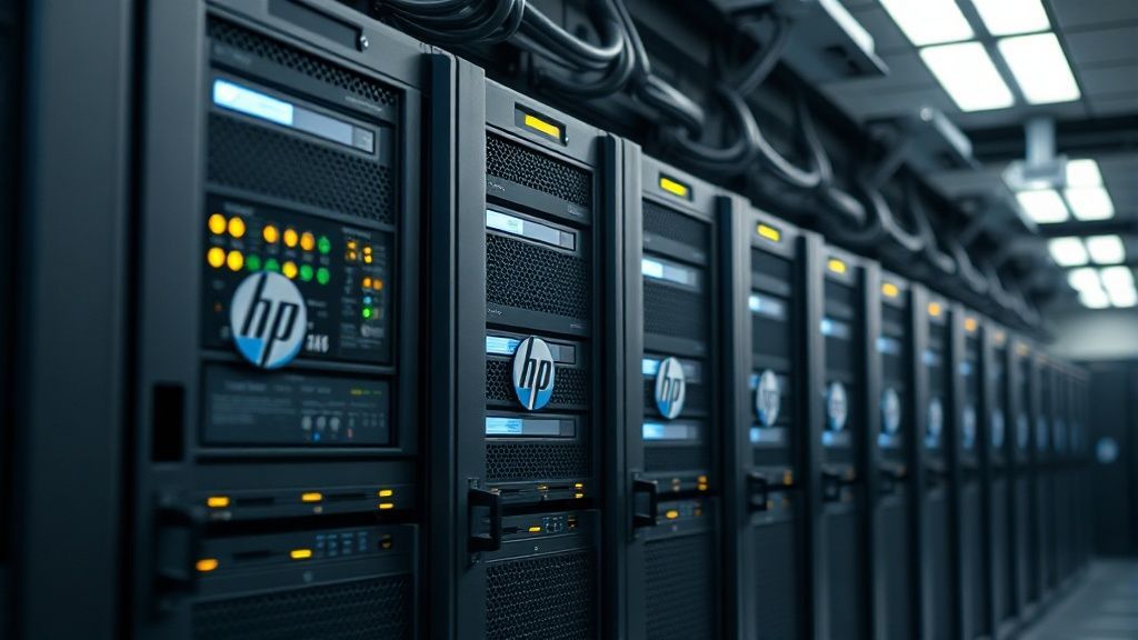دیتاسنتر با چند سرور HP ProLiant روشن درون رک