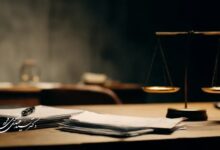 میز وکالت با اسناد حقوقی و ترازوی عدالت در پس‌زمینه، نشان‌دهنده فرایند دادرسی و ارزیابی ادله.