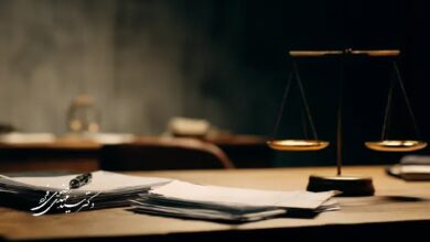 میز وکالت با اسناد حقوقی و ترازوی عدالت در پس‌زمینه، نشان‌دهنده فرایند دادرسی و ارزیابی ادله.