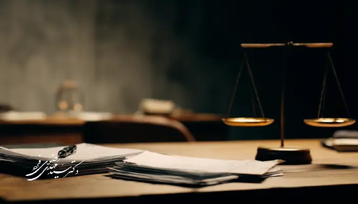 میز وکالت با اسناد حقوقی و ترازوی عدالت در پس‌زمینه، نشان‌دهنده فرایند دادرسی و ارزیابی ادله.