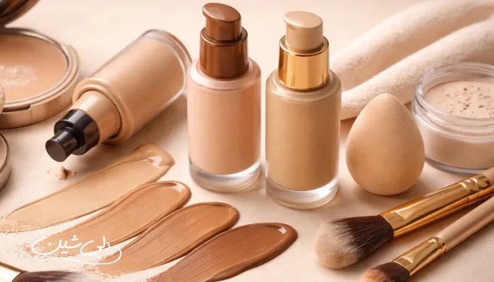 لوازم آرایشی مرتبط با کرمپودر شامل بطریهای کرمپودر در چند تناژ مختلف، سواچهای رنگی روی سطح، پودر فیکس، اسفنج آرایشی و براشها در یک چیدمان مینیمال و روشن