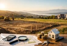 نمای لنداسکیپ از یک زمین در حال آماده‌سازی برای ساخت در نور غروب؛ در پیش‌زمینه میز چوبی با نقشه، ماشین‌حساب، ذره‌بین، سکه‌ها و ماکت خانه و کلیدها که مفهوم محاسبه بازده و تحلیل سرمایه‌گذاری زمین را نشان می‌دهد.