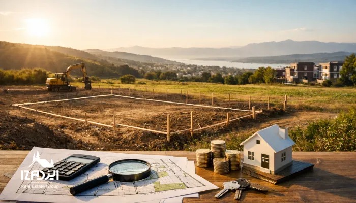 نمای لنداسکیپ از یک زمین در حال آماده‌سازی برای ساخت در نور غروب؛ در پیش‌زمینه میز چوبی با نقشه، ماشین‌حساب، ذره‌بین، سکه‌ها و ماکت خانه و کلیدها که مفهوم محاسبه بازده و تحلیل سرمایه‌گذاری زمین را نشان می‌دهد.